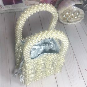 Faux Pearl Beaded Handbag with Satin Drawstring Interior